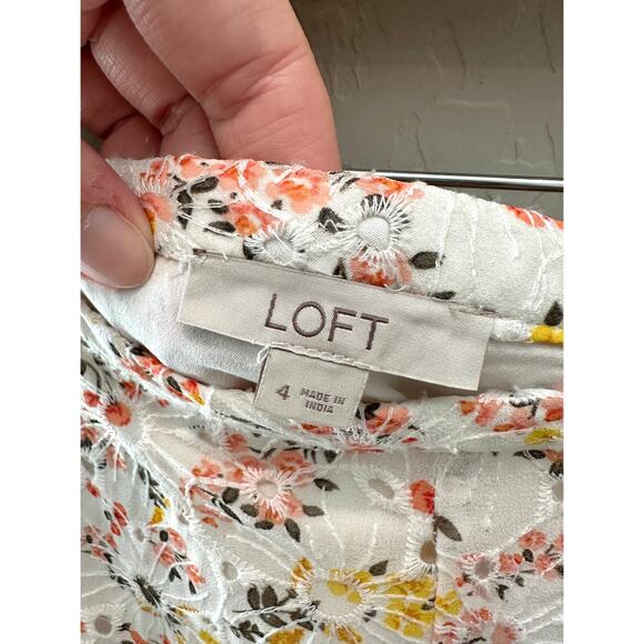 LOFT | Floral Eyelet White Yellow Pink Midi Skirt | Size 4 - Picture 6 of 7